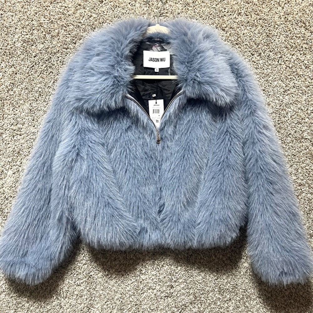 Jason Wu Jacket Women's Medium Silver Blue Faux Fur Zip Up NWT